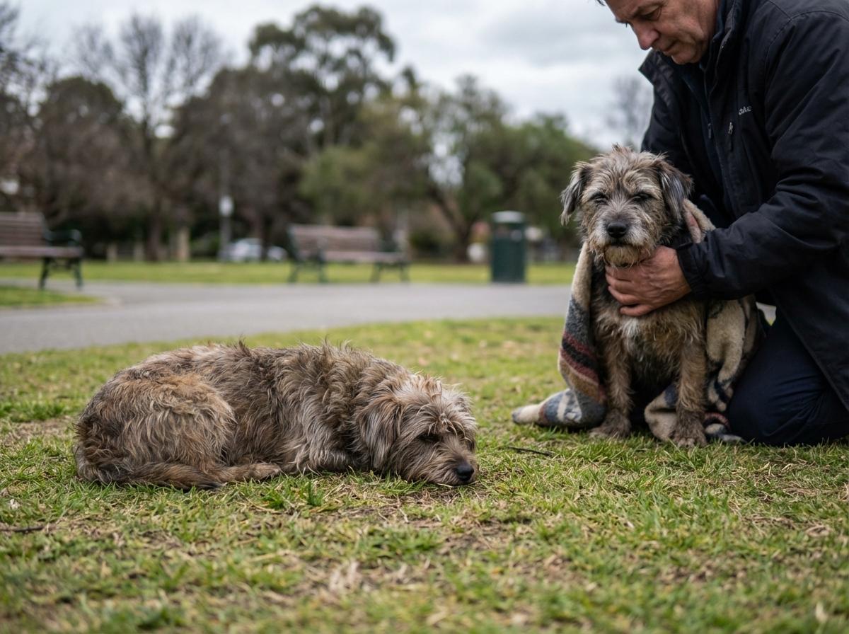 Two small matted dogs in a park, one lying on a blanket and the other receiving care