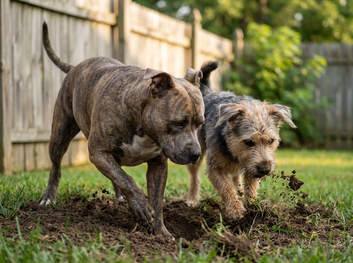 Two dogs—an American Bully and another dog—digging a tunnel beside a backyard fence