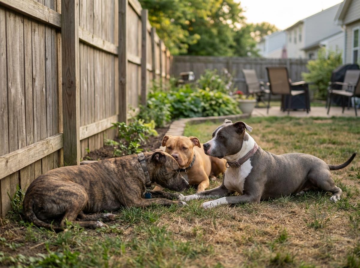 Three pit bull dogs in a suburban backyard, late afternoon light
