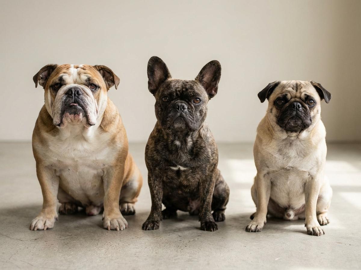 An English bulldog, a French bulldog, and a pug sitting together in a studio setting, showing their distinctive flat faces and features.
