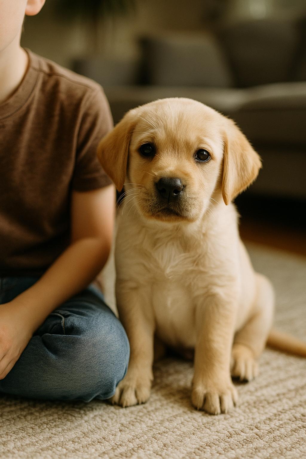 A young Labrador puppy sitting beside a child on a living-room rug, close-up, shallow depth of field