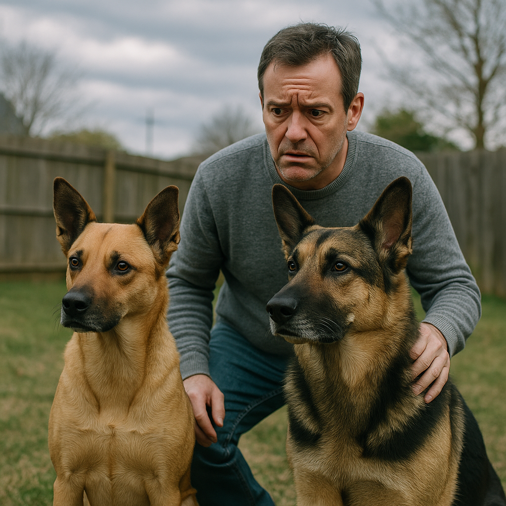 Man with two large dogs in a backyard, appearing concerned