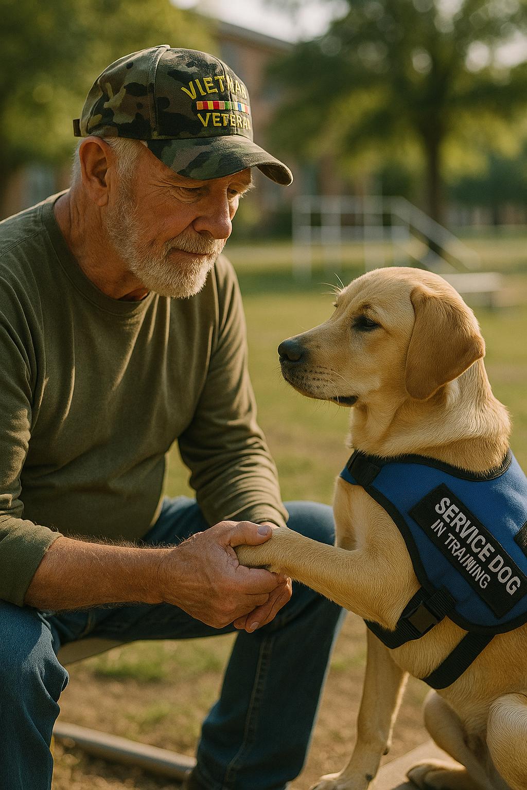 Veteran training a service-dog trainee outdoors at a VA campus with natural lighting
