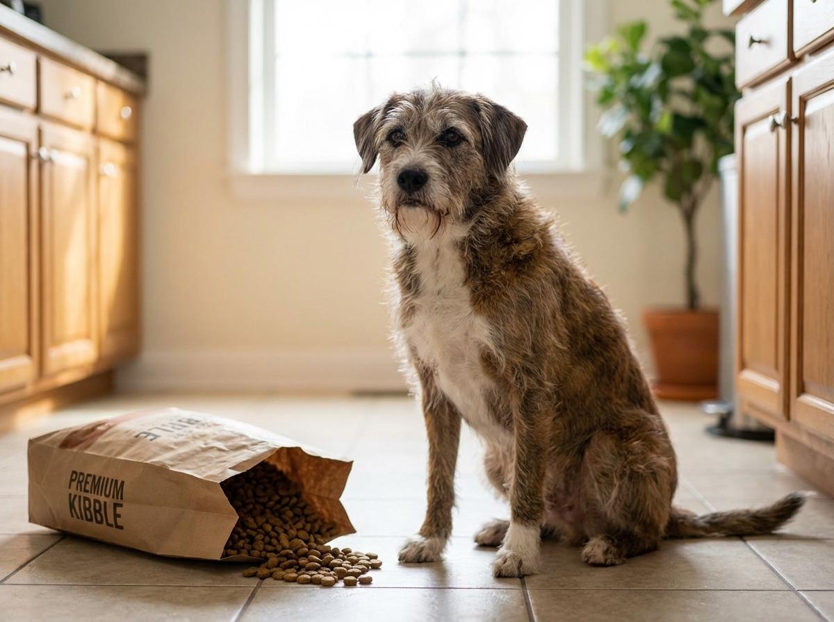 An adult mixed-breed dog next to a bag of dry dog food in a bright kitchen