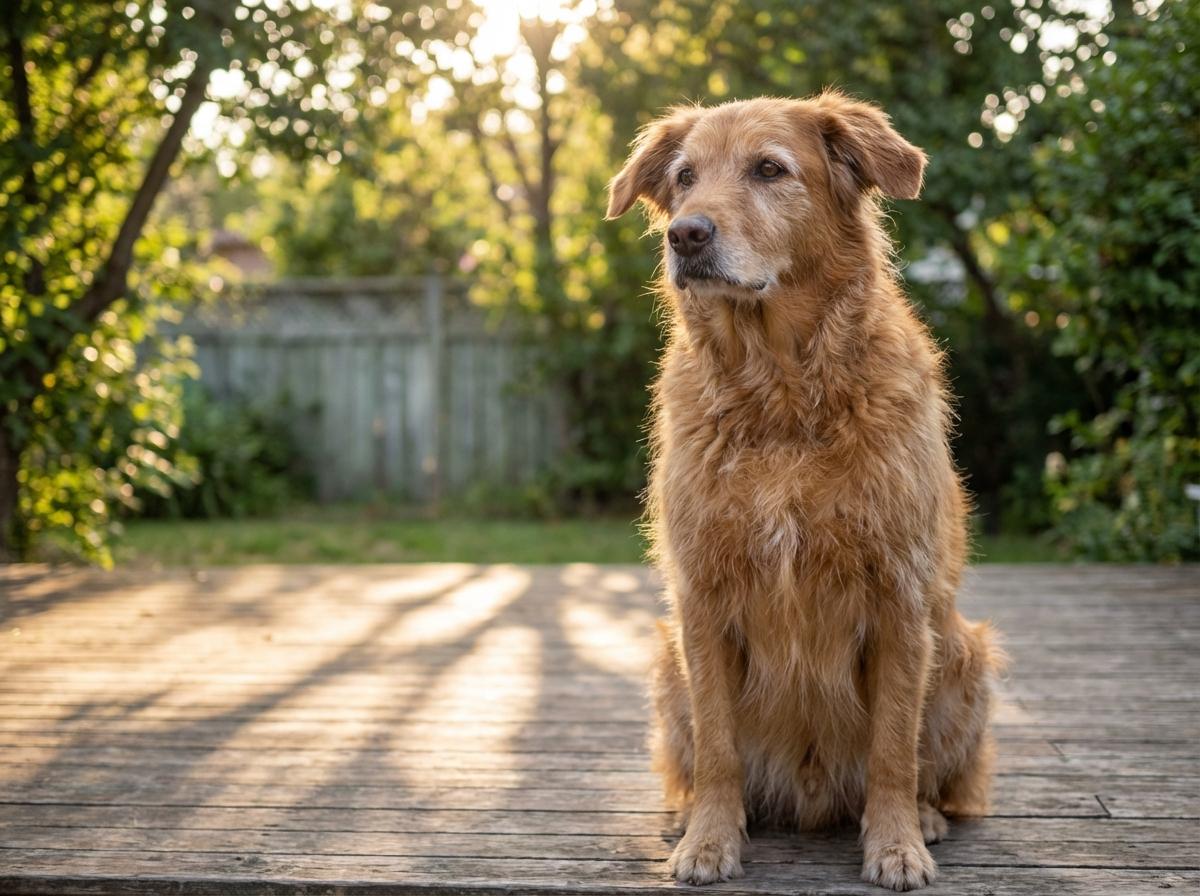Adult dog sitting in a backyard at golden hour, shallow depth of field