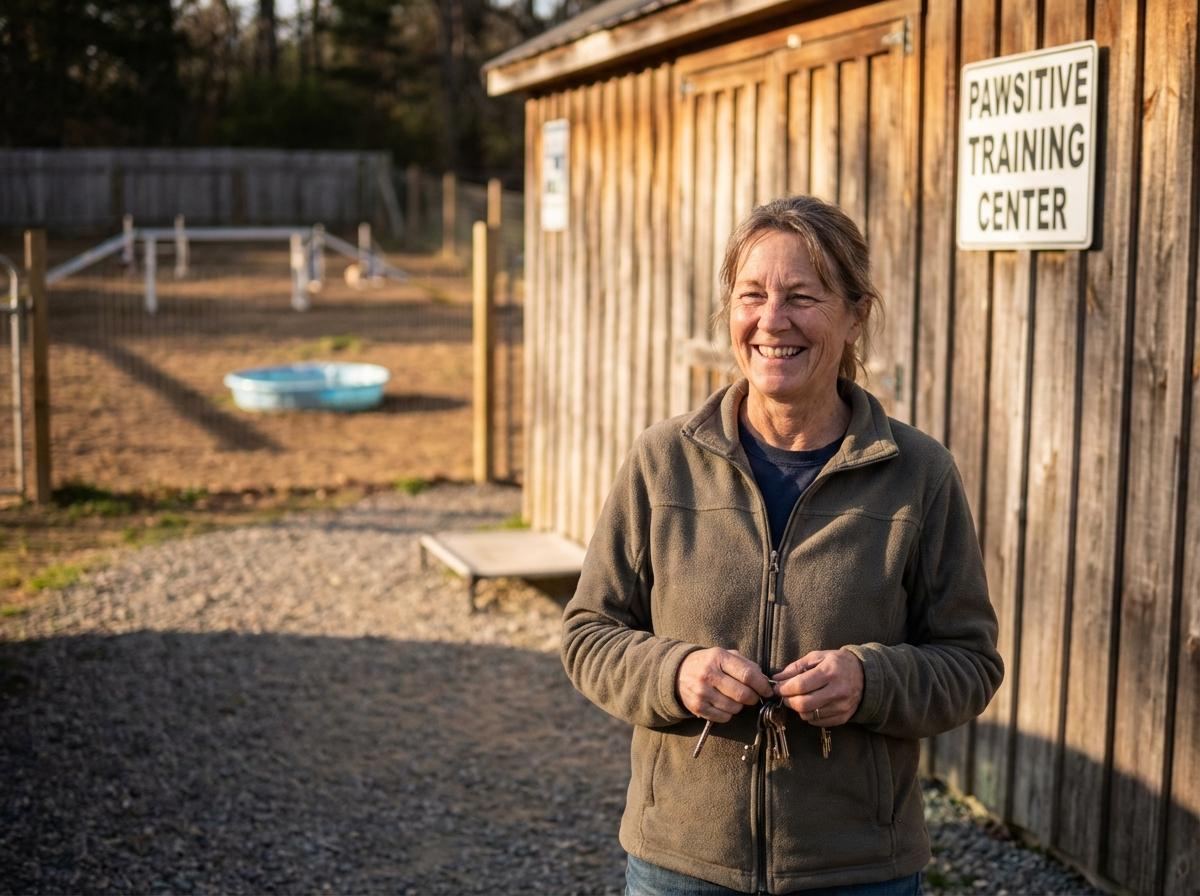 Volunteer holding keys outside a dog training center with a blurred training yard and dog pool in the background.