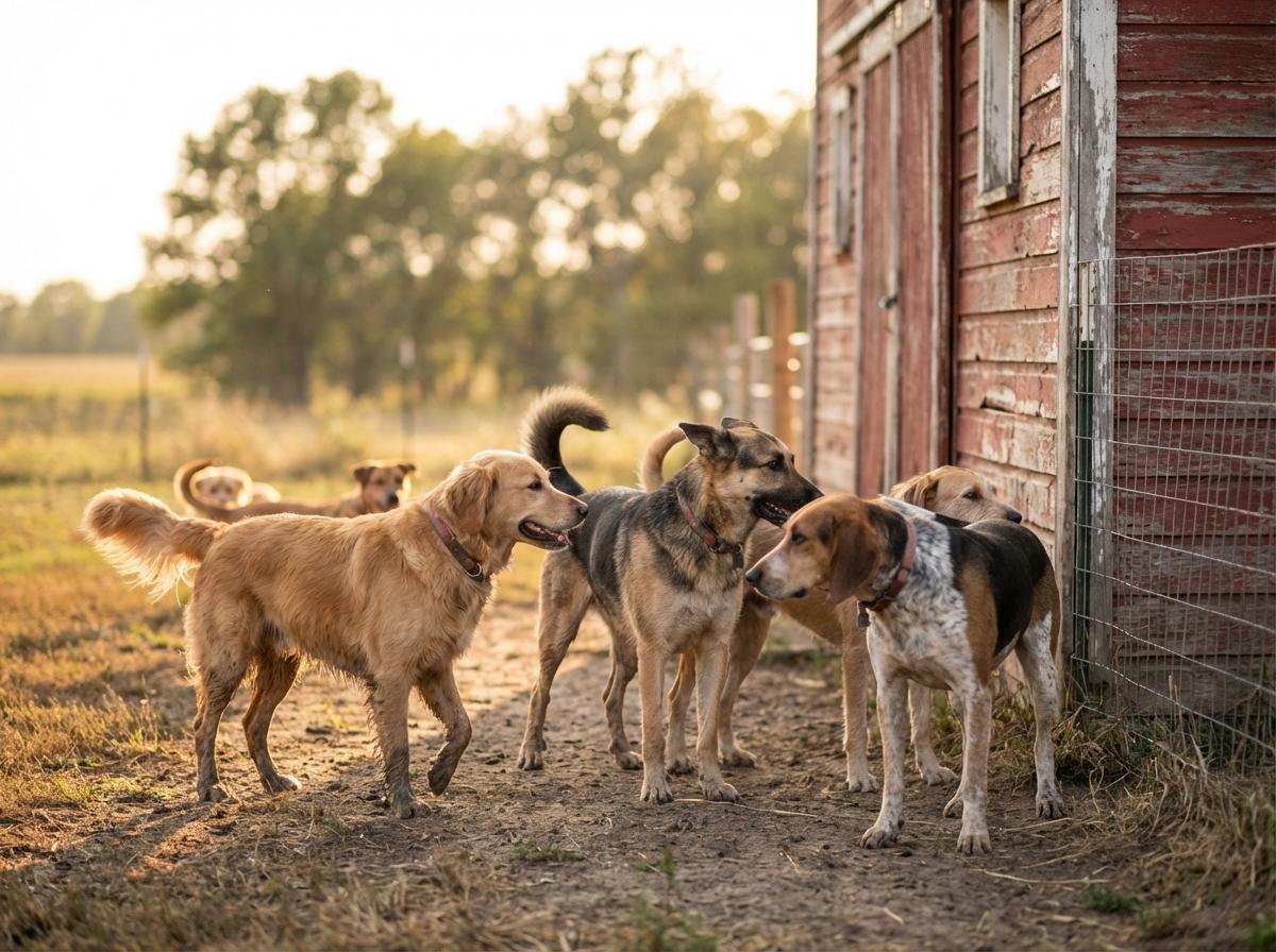 Several adult dogs on a rural rescue property near a weathered barn, photorealistic.