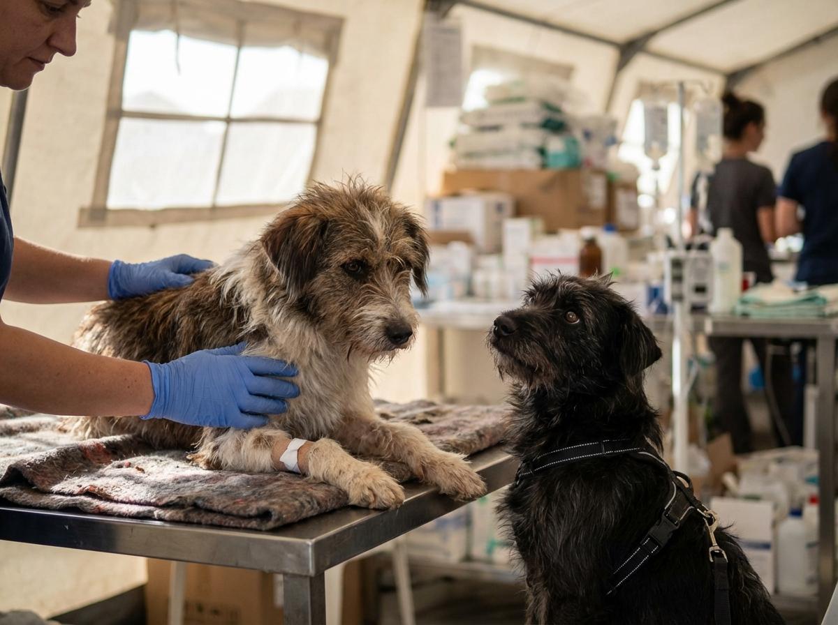 Two rescued dogs receiving care at an animal facility, close-up showing realistic fur texture and soft natural light.