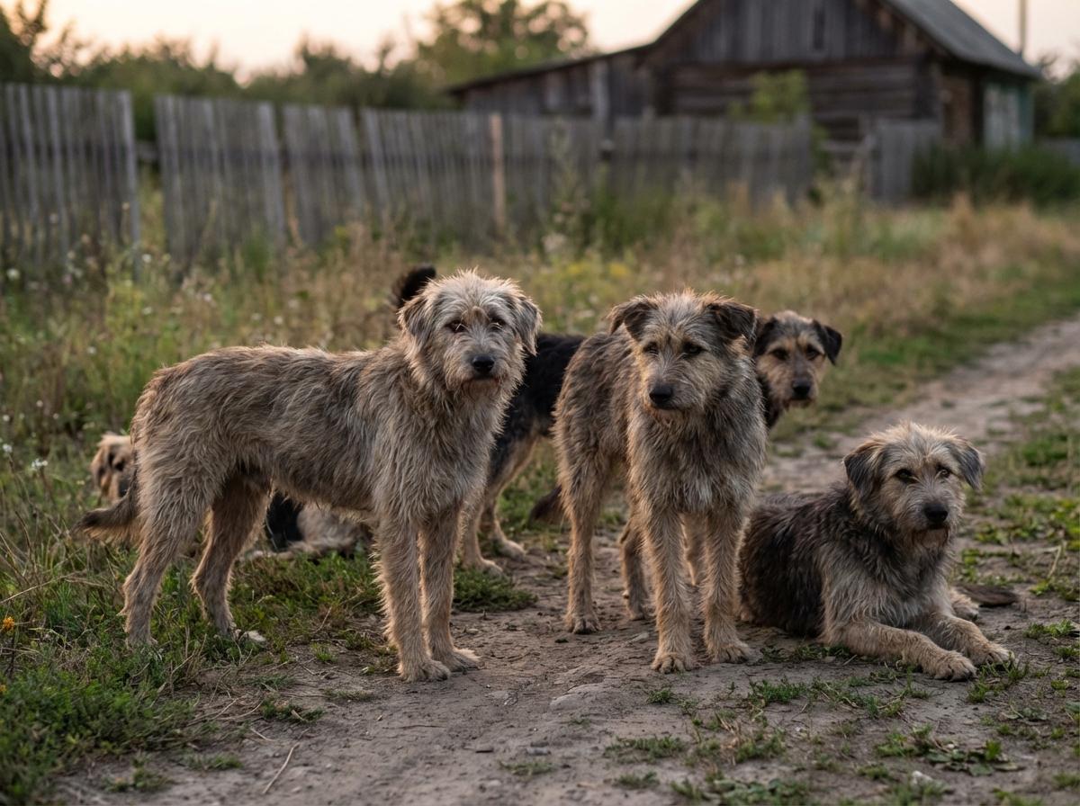 Group of thin, malnourished dogs on a rural property at dusk, photorealistic image