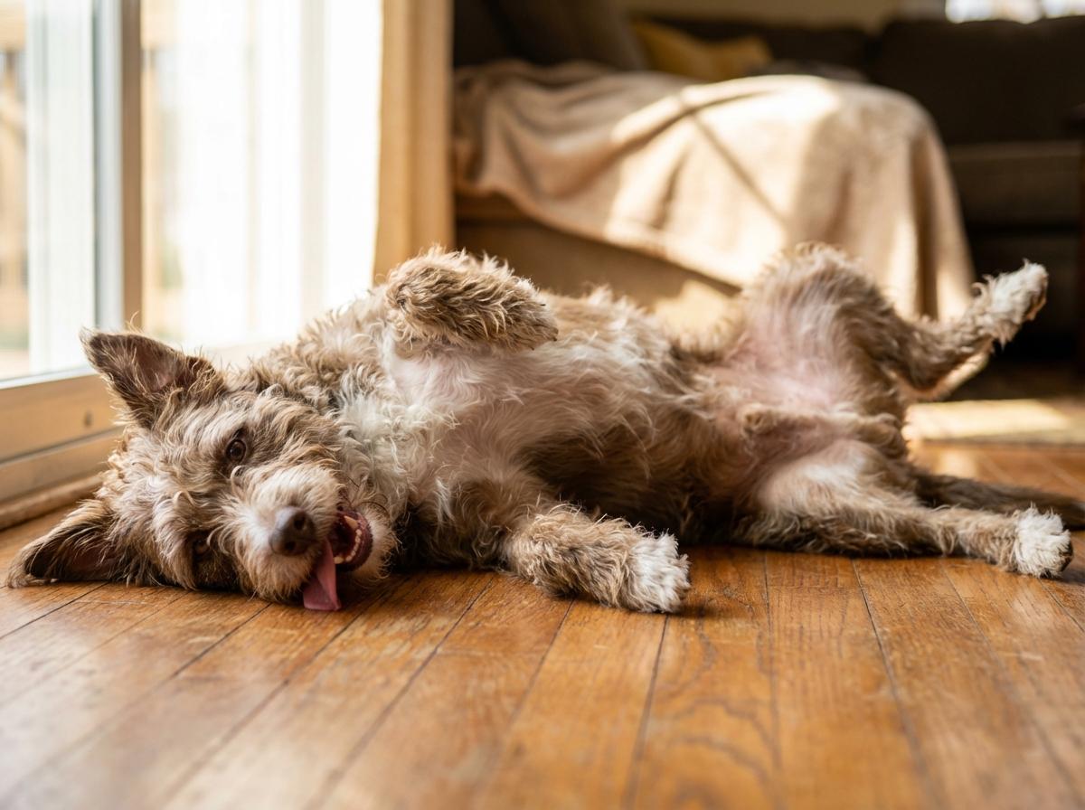 Dog lying on its back, belly exposed, relaxed and inviting touch.
