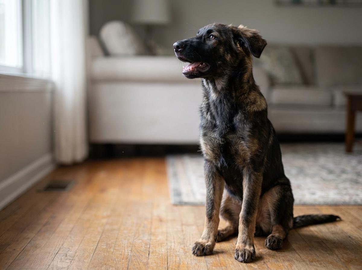 8-month-old German shepherd-Belgian Malinois mix puppy sitting indoors in soft natural light