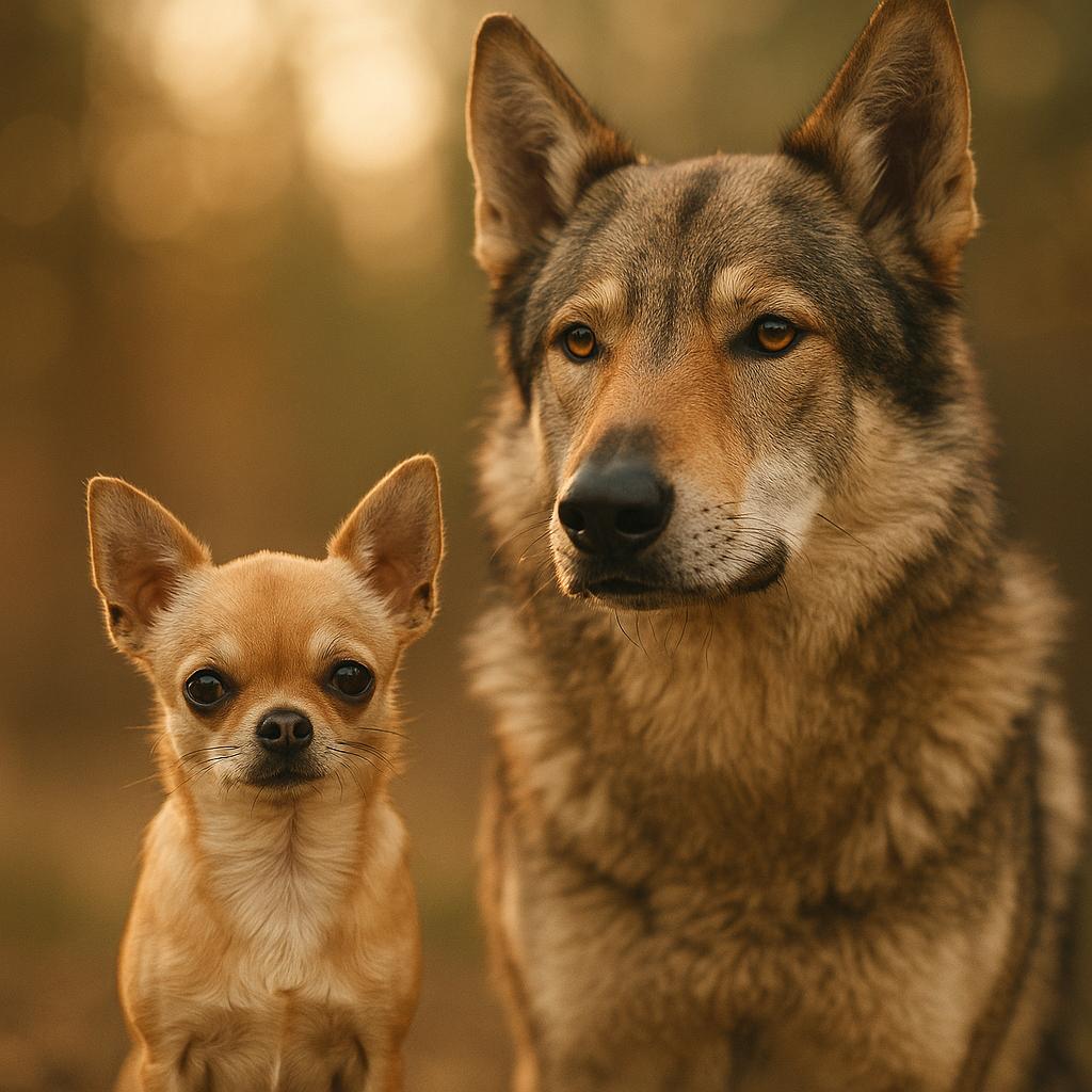 A chihuahua next to a wolfdog in natural light, photorealistic