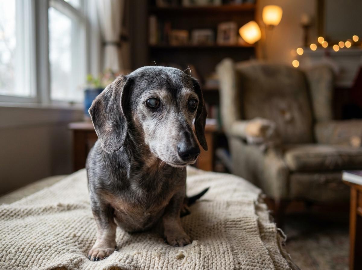 Wonka, a 16-year-old dachshund, sitting on a blanket in a foster home