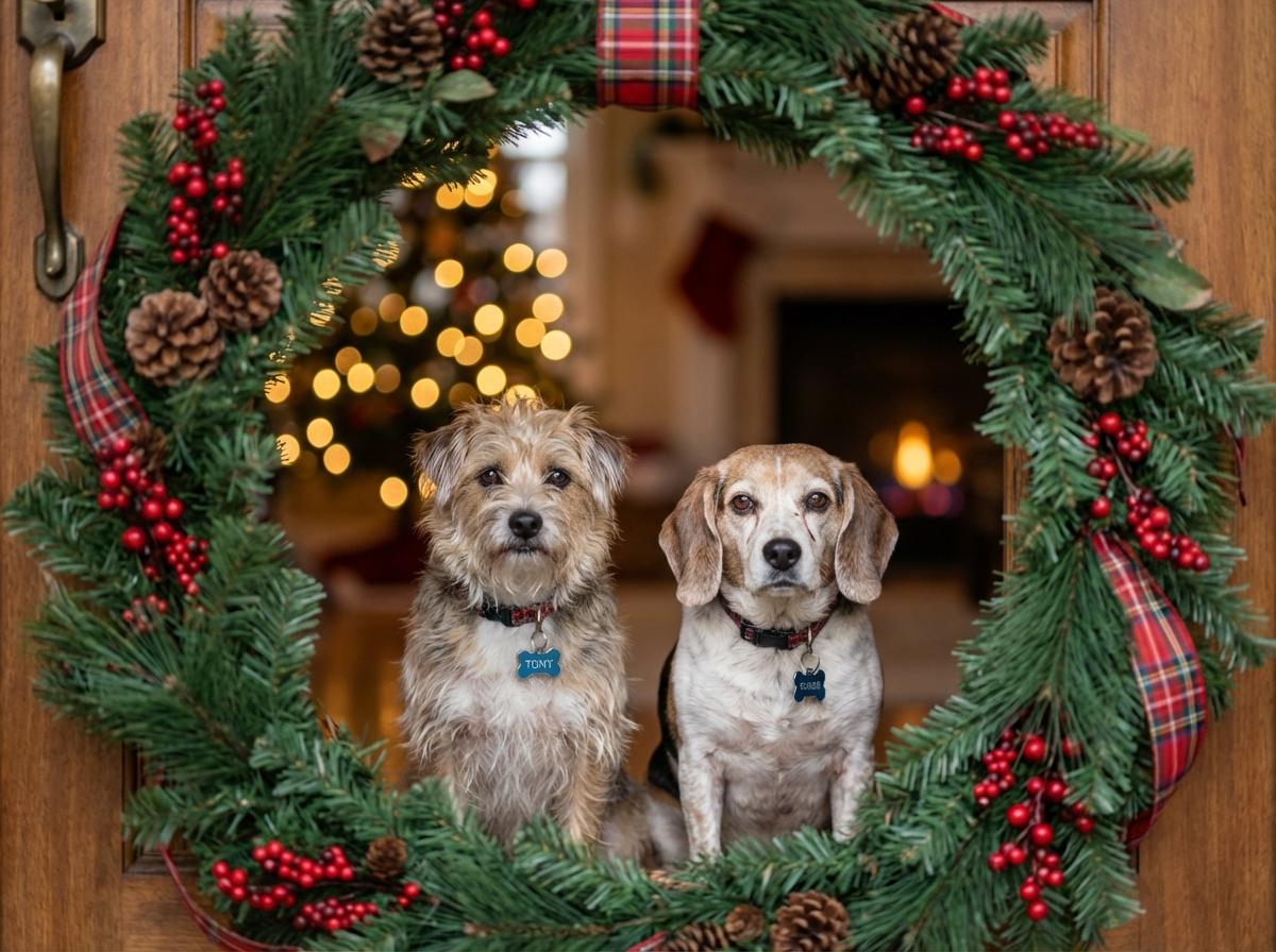 Two dogs, Tony and Roger, posed through a holiday wreath with warm bokeh lights in the background.