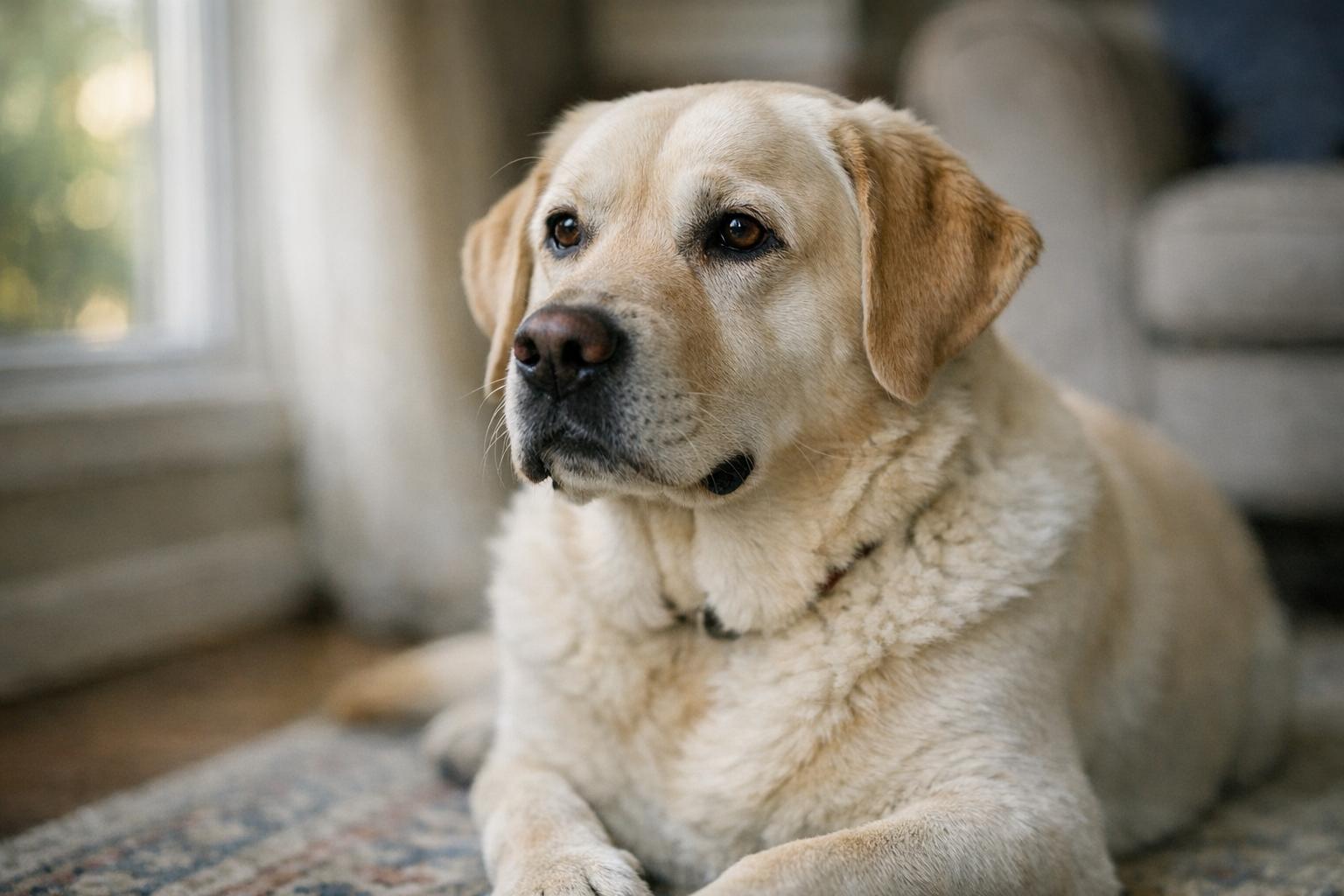 Calm Labrador Retriever resting indoors near a window, natural fur texture, shallow depth of field