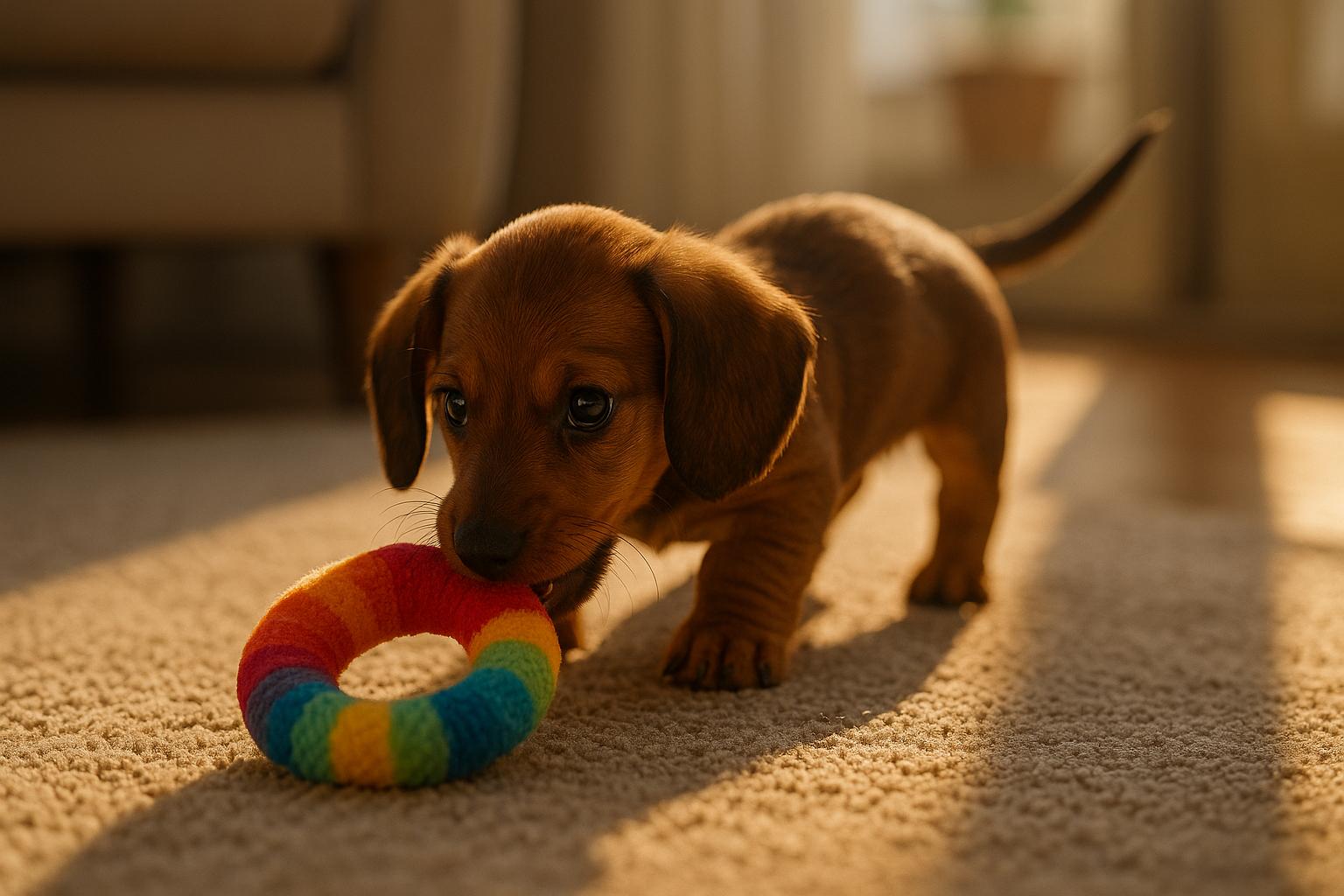 A miniature dachshund puppy playing with a rainbow toy on a carpet in a sunlit living room