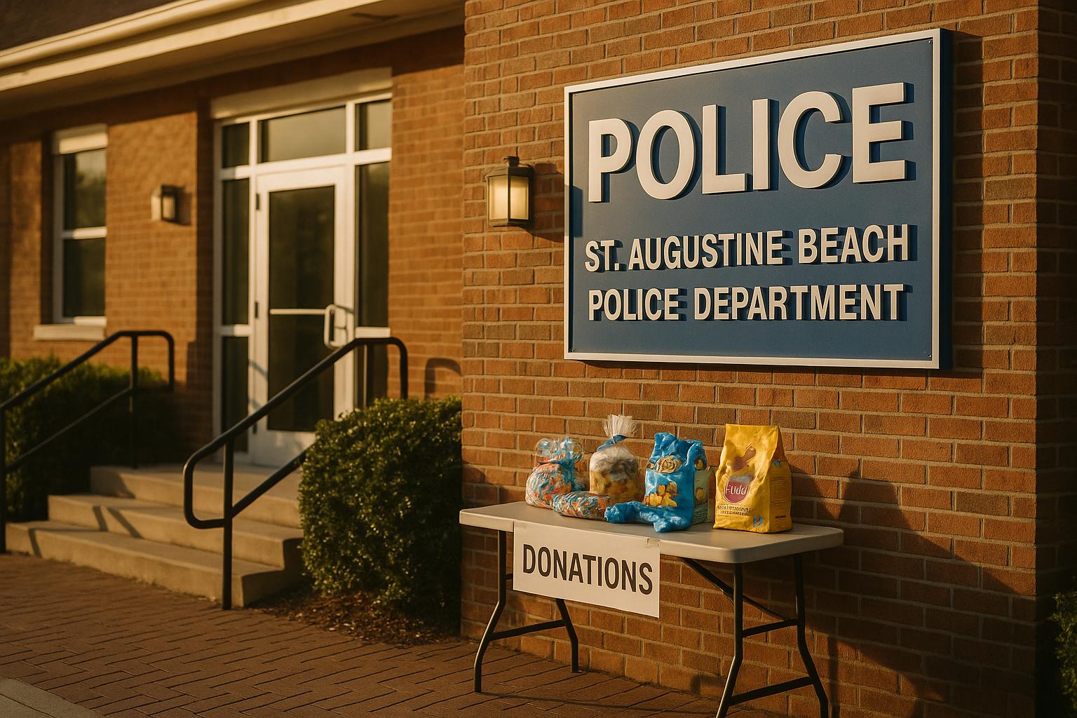 St. Augustine Beach Police Department exterior with a donation table holding wrapped pet toys and bags of pet food