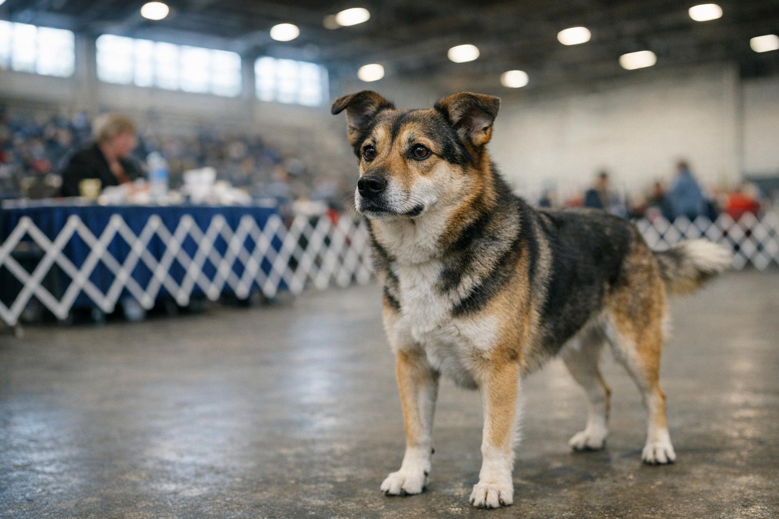 A mid-sized mixed-breed dog standing in a show ring at the Stormont Vail Events Center, with handlers and ring equipment in the background