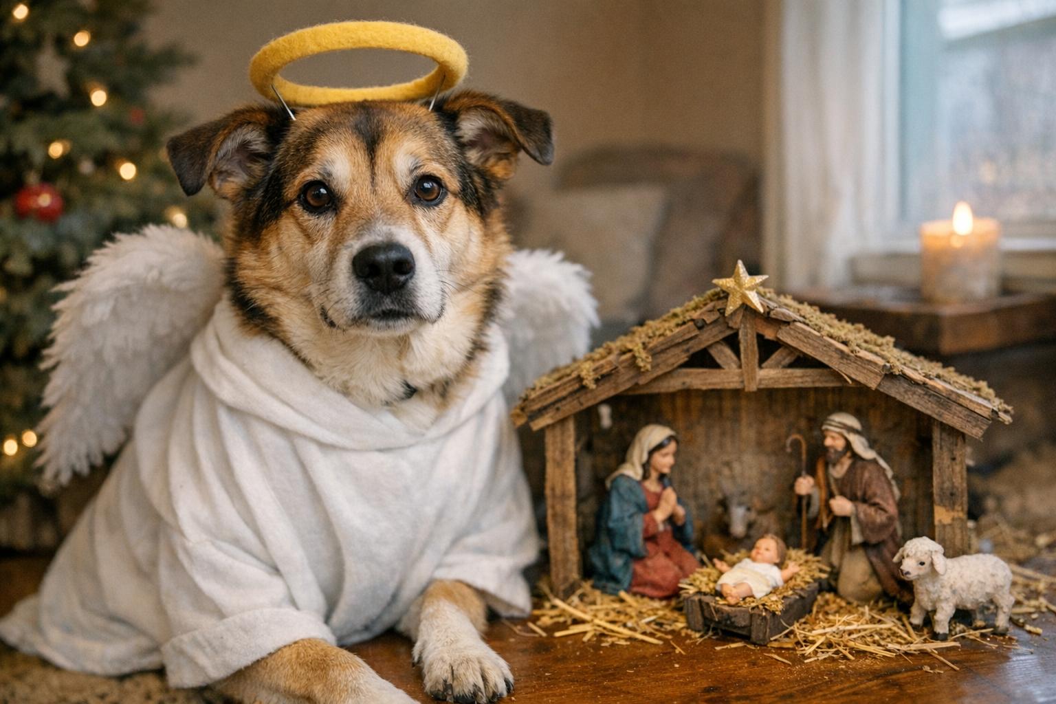 Milo the dog wearing an angel halo and robe, posed indoors beside a small nativity backdrop