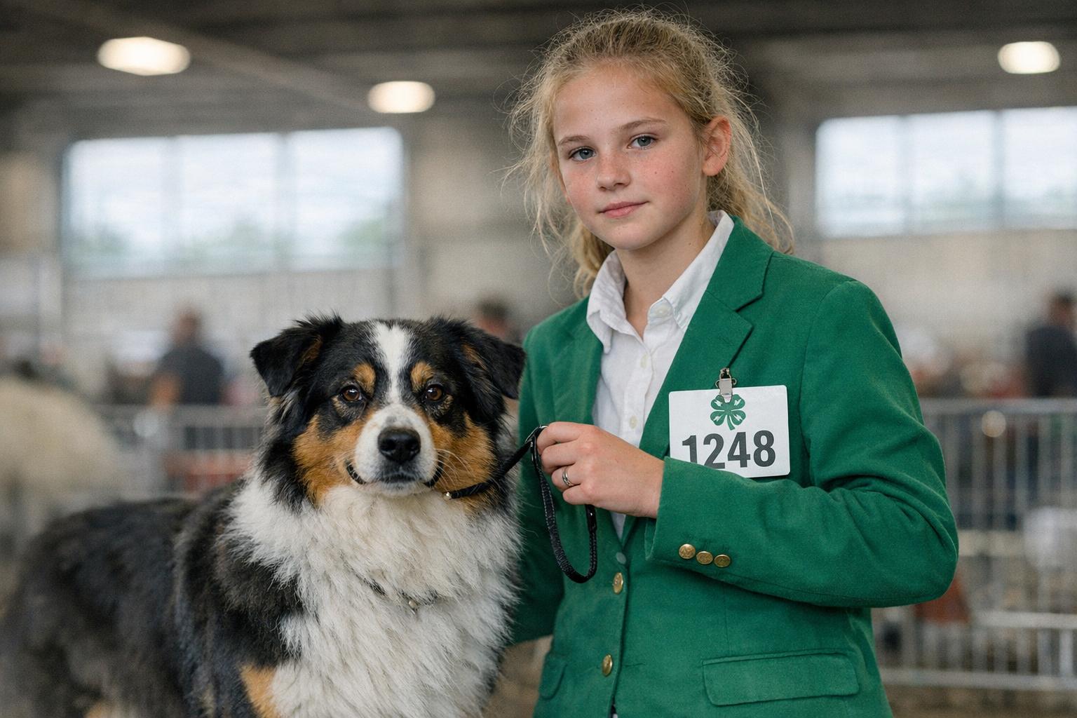 A young 4-H handler stands with a dog inside a large indoor fairgrounds building set up with rings for a dog show.