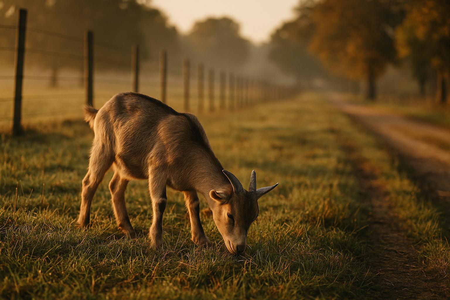 A nine-month-old goat grazing in a fenced pasture at dawn near a dirt farm road.