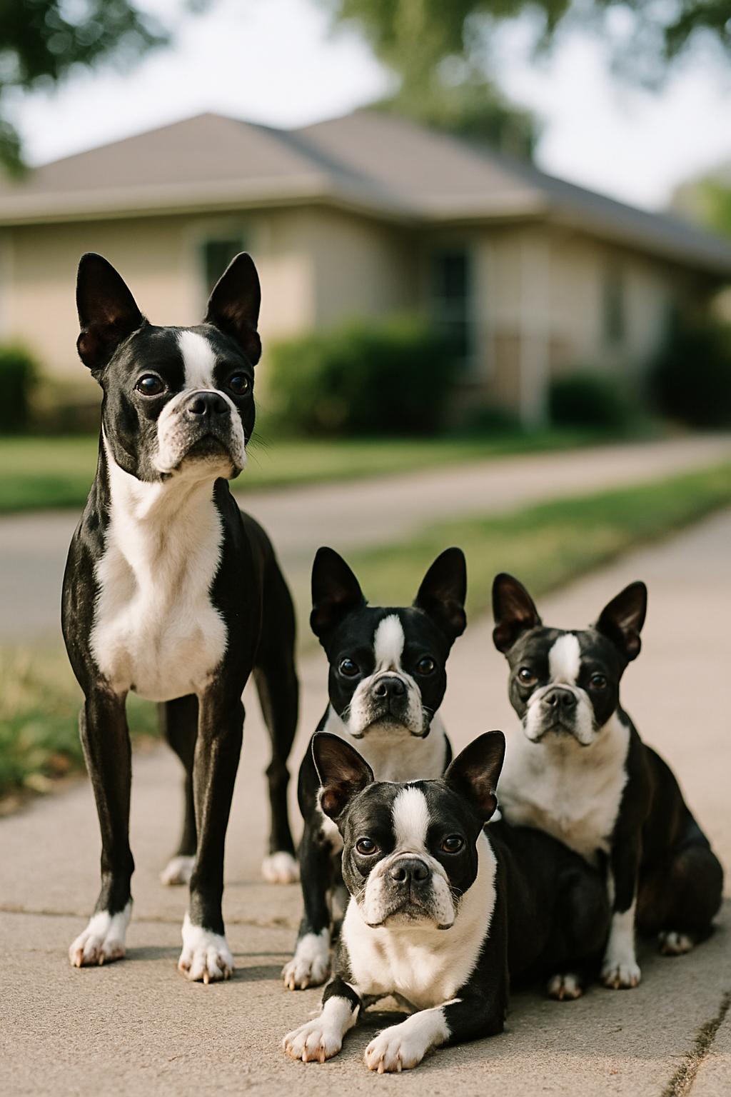 Several Boston terriers gathered on a suburban sidewalk near a house, daylight, photorealistic