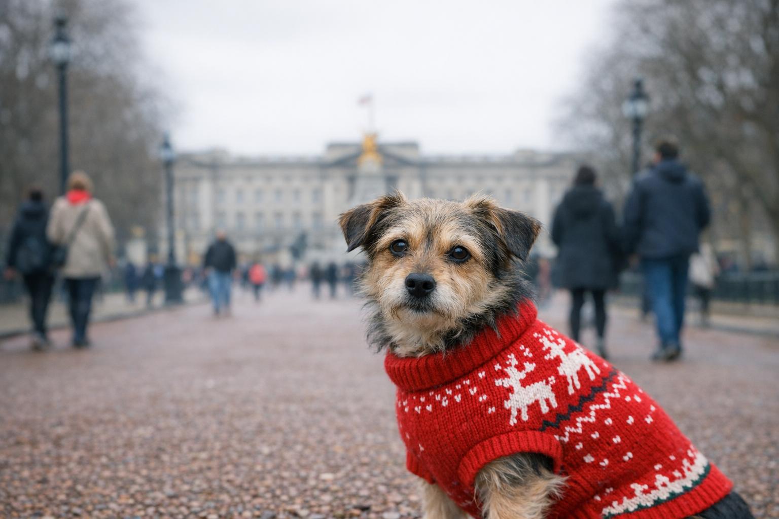 A small rescue dog in a red Christmas jumper walking in central London with Buckingham Palace in the background