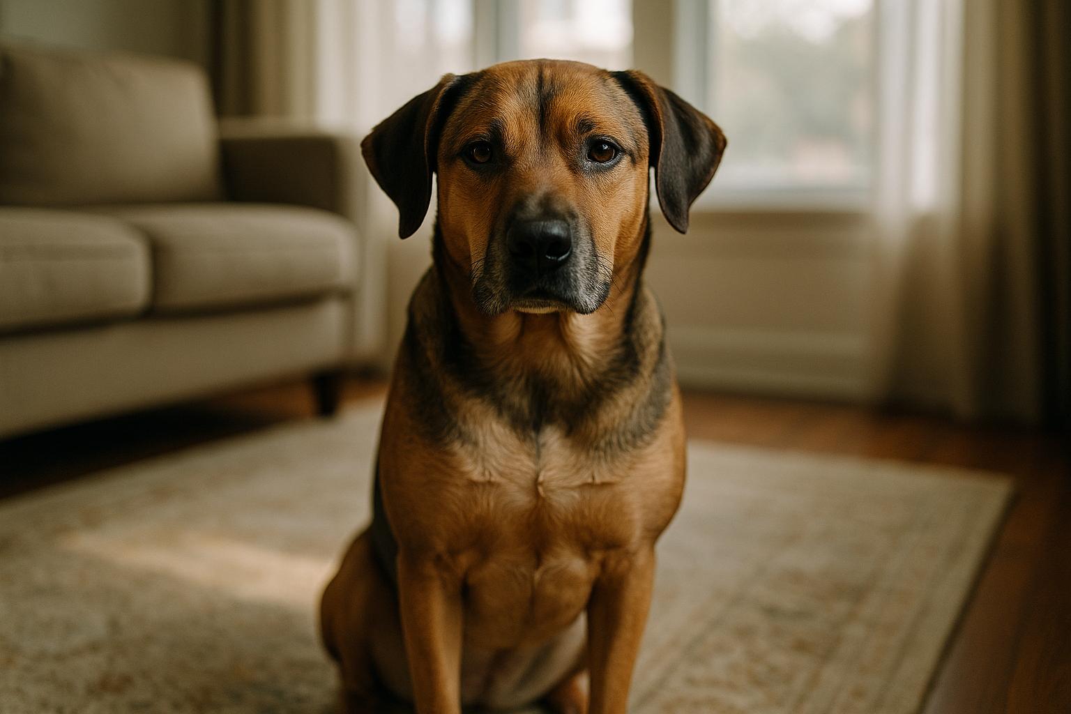 A calm, medium-sized dog with a sleek coat sitting quietly on a living room rug in soft window light