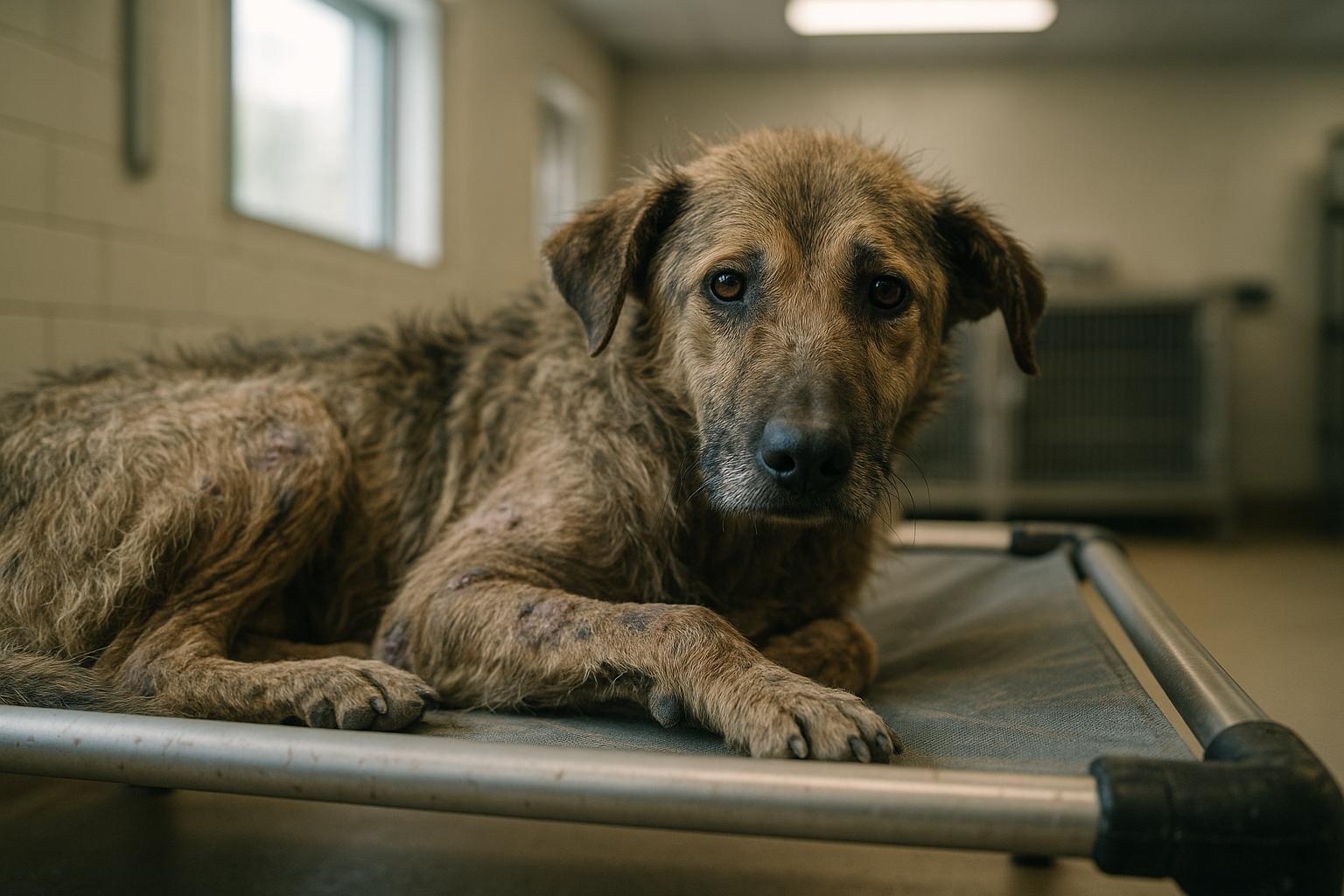 A mixed-breed dog with matted fur and healed scars rests on a cot inside a rescue clinic, photographed in soft natural window light.