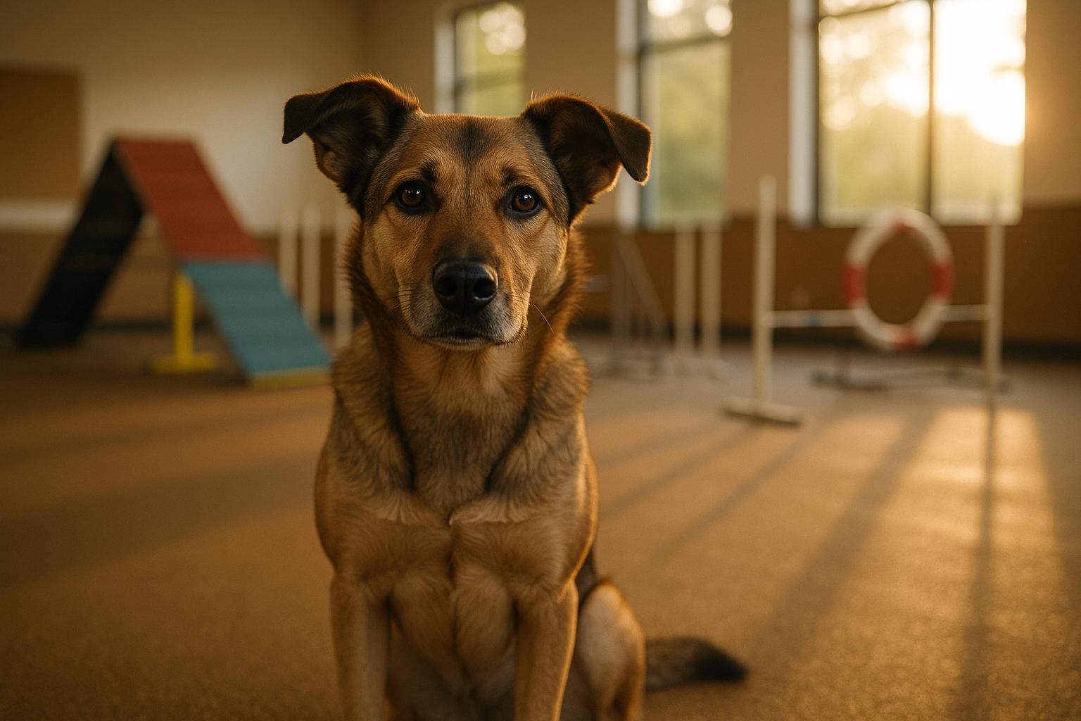 Mixed‑breed dog sitting attentively in a dog training classroom with agility equipment in the background, warm late afternoon light