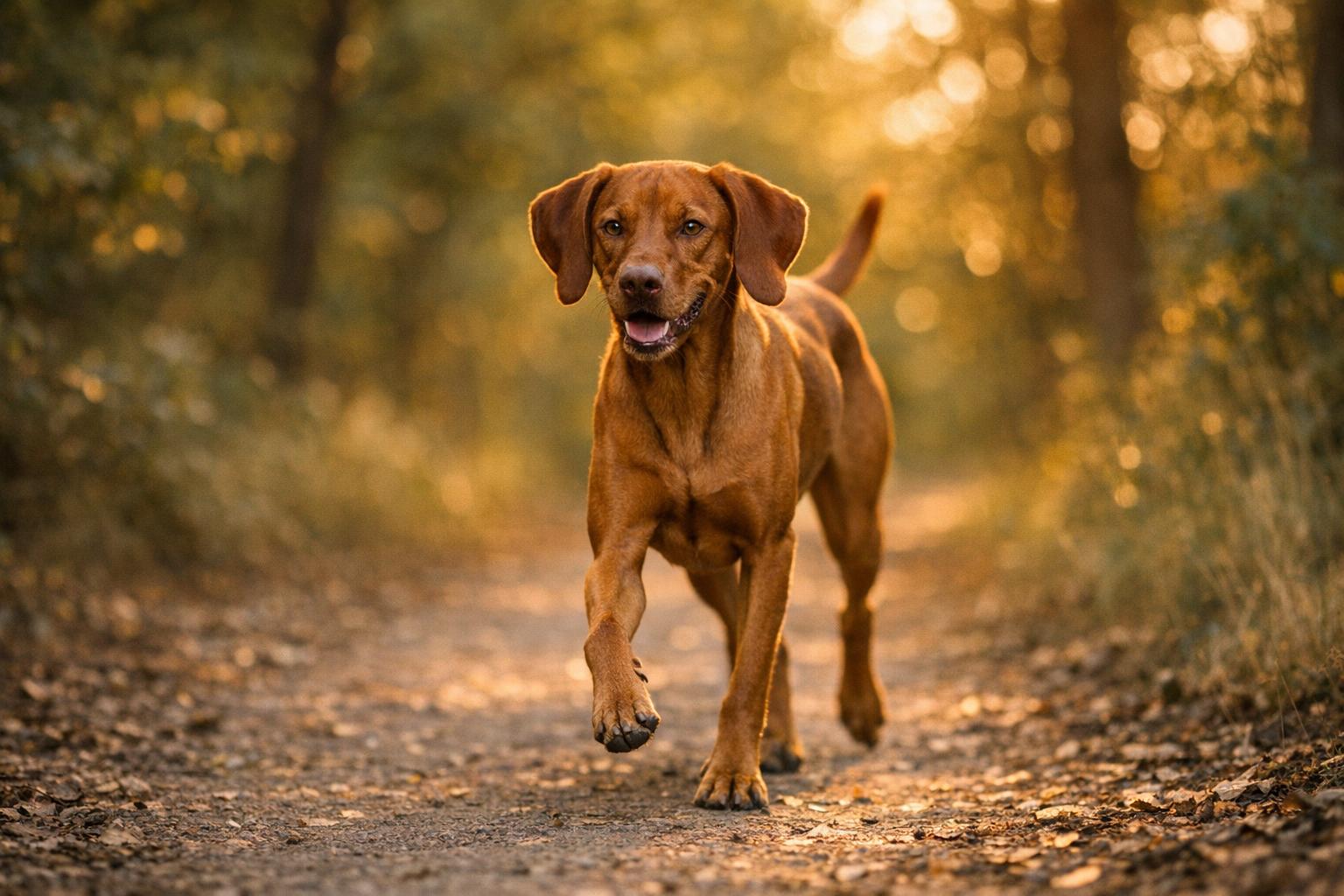 Vizsla trotting on a tree-lined trail at golden hour, healthy and alert