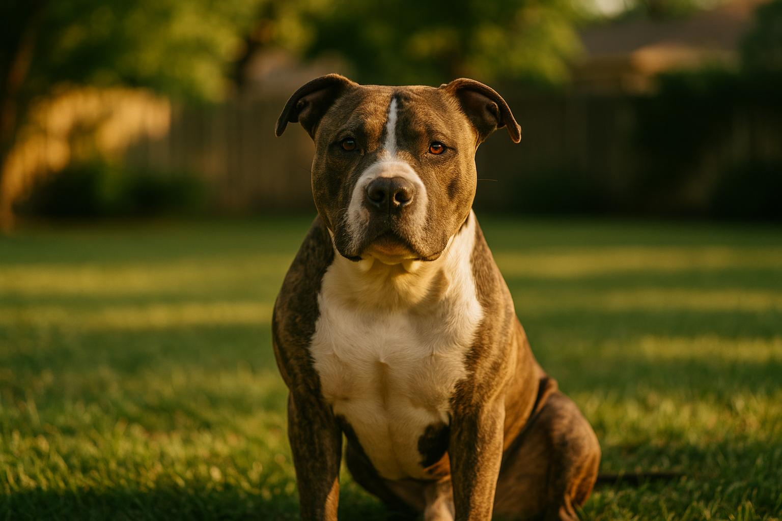 Big Tuna, a neutered male brindle-and-white American Pit Bull Terrier, sitting on a lawn in golden hour light