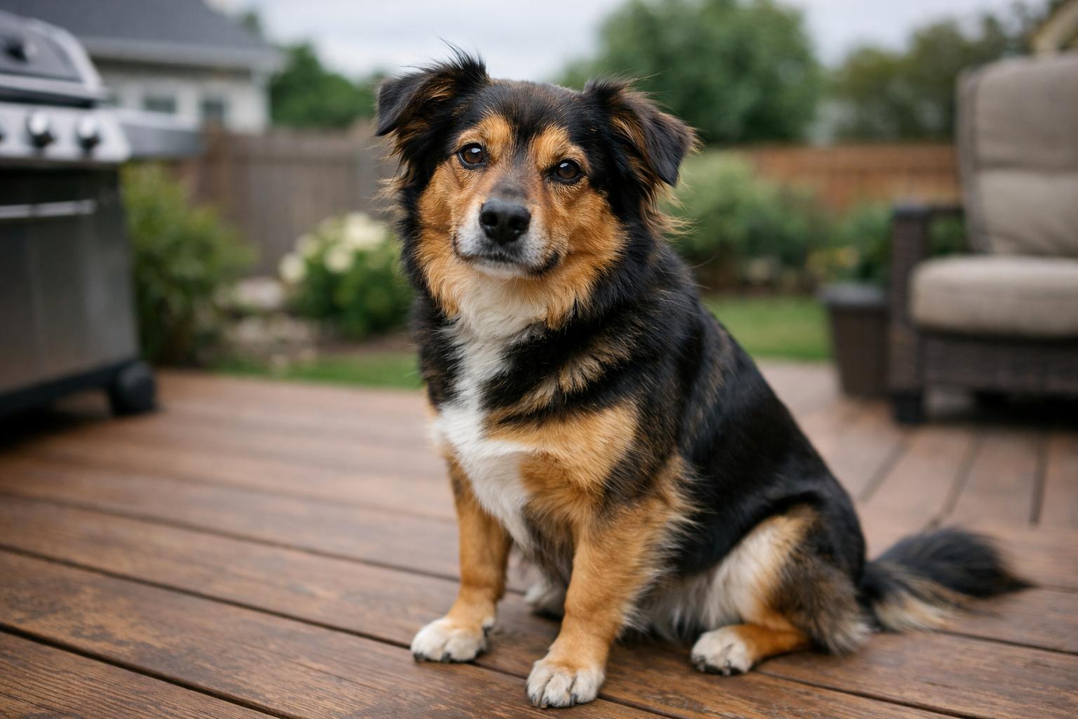 Mixed‑breed dog with well‑groomed coat sitting on a backyard deck after grooming