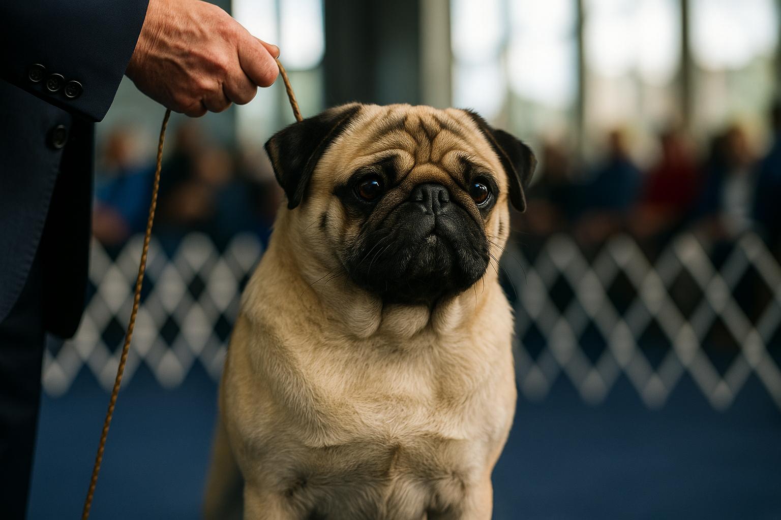 Vito, a pug and the 2024 National Dog Show Best in Show, standing in a show ring.