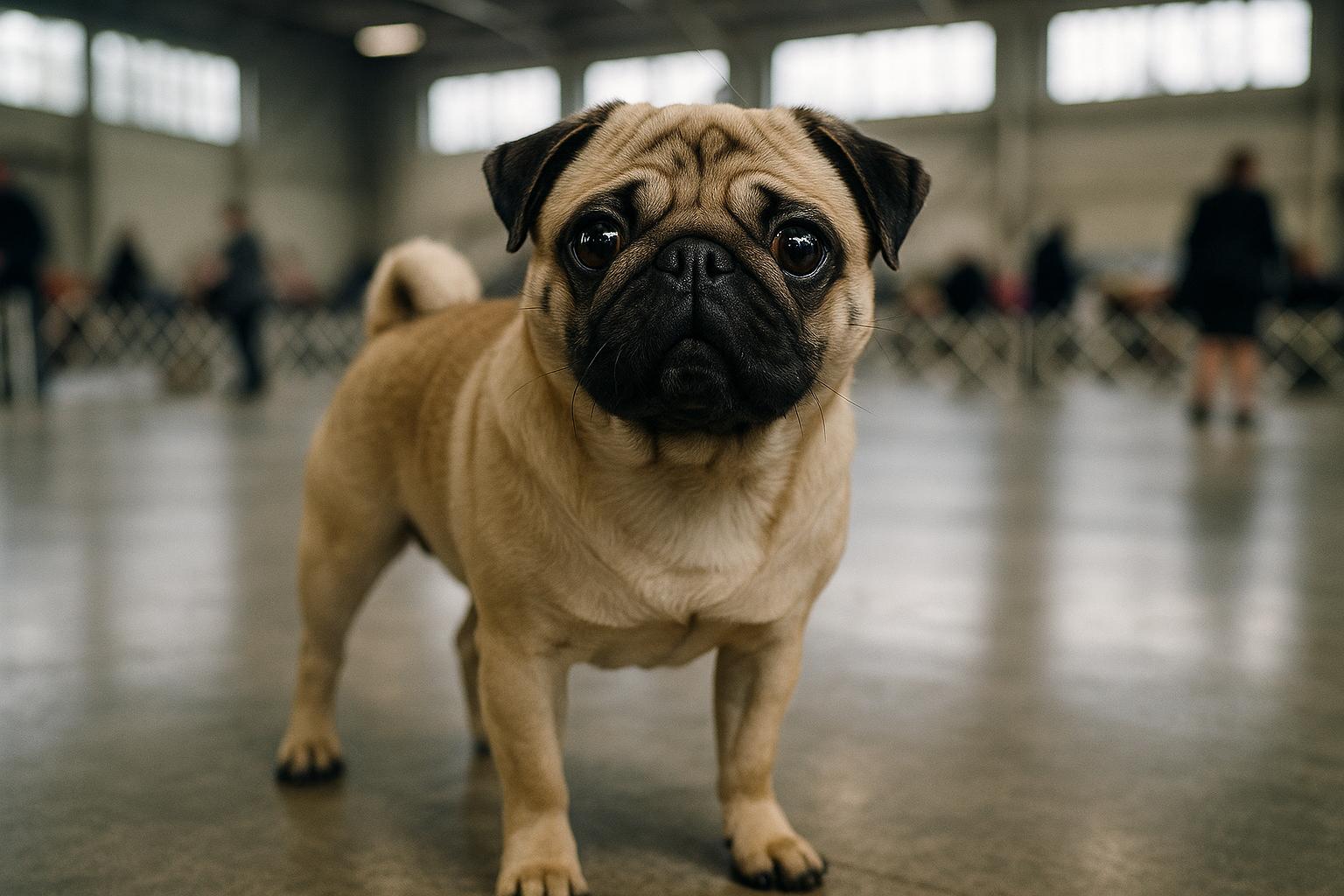Vito the Pug standing in a show ring at an indoor dog show, focused on his round head, large eyes and wrinkled brow.