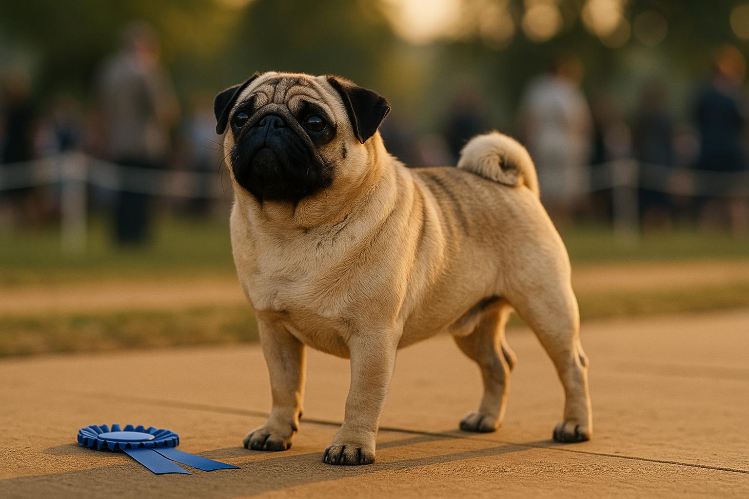 Vito the pug standing in a show ring with a blue ribbon nearby, photographed in golden hour light