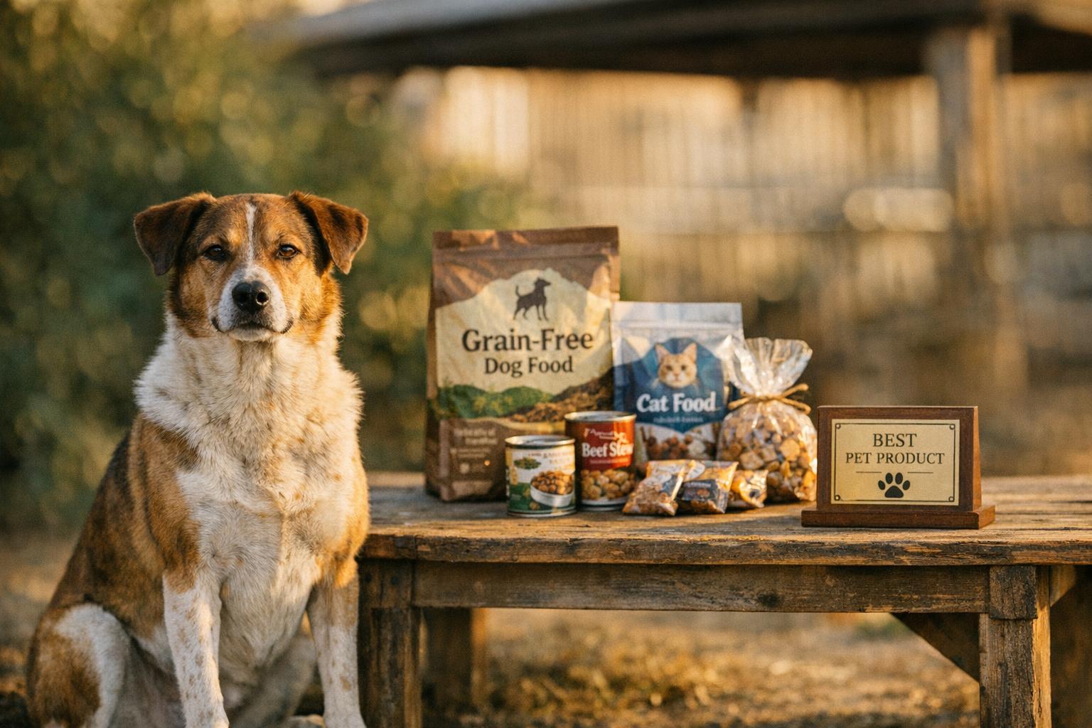 A mixed-breed dog sits beside packaged pet food and a small award plaque on a wooden table during golden hour.