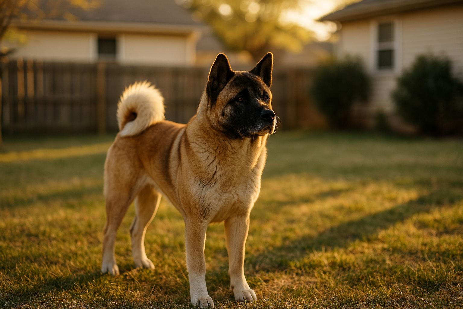 An Akita standing alert in a backyard at golden hour