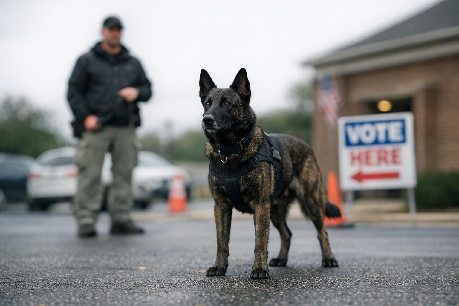 A Belgian Malinois detection dog standing alert near a polling‑place parking lot, handler visible in the background