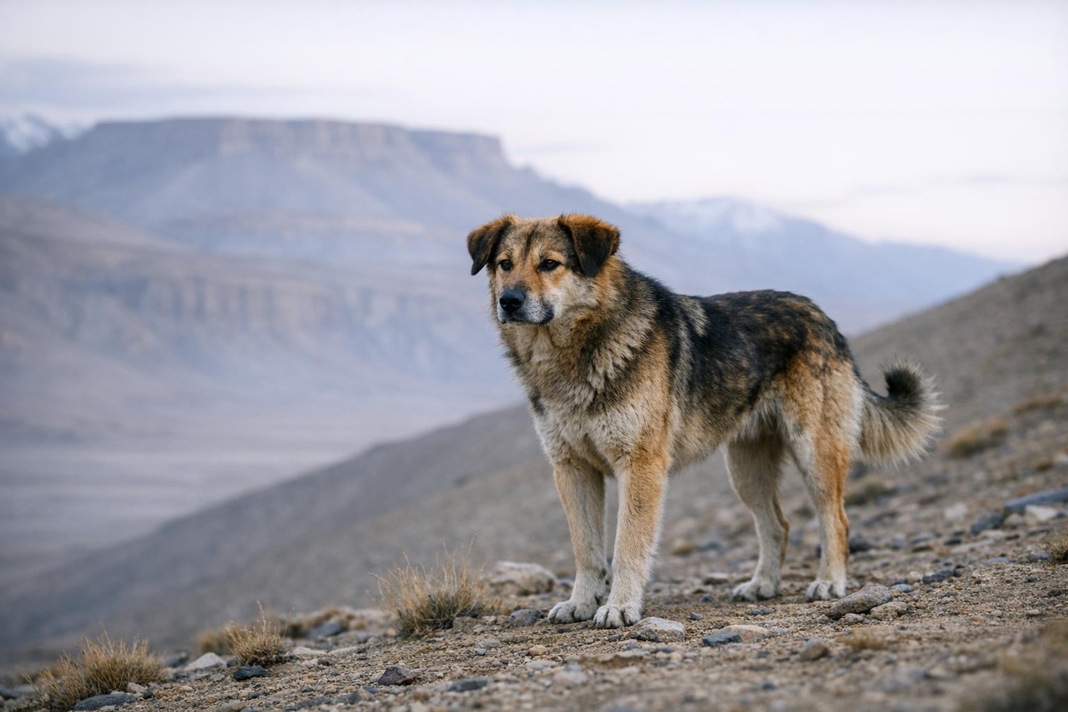 A lone mixed‑breed free‑roaming dog on the windswept, high‑altitude terrain of Ladakh.