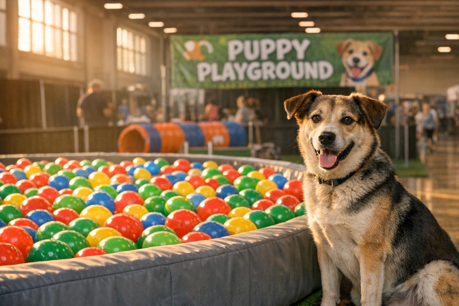 Mixed-breed dog beside a large indoor ball pit at the Super Pet Expo in a convention hall