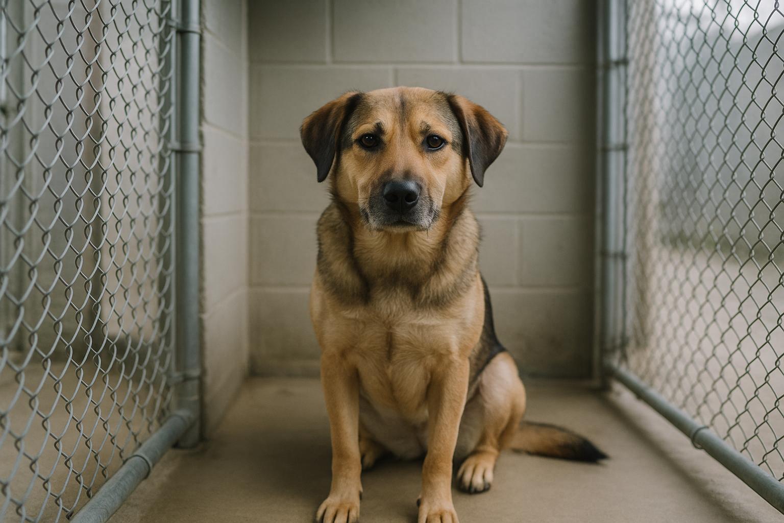Mixed-breed dog sitting calmly in a shelter kennel under soft daylight