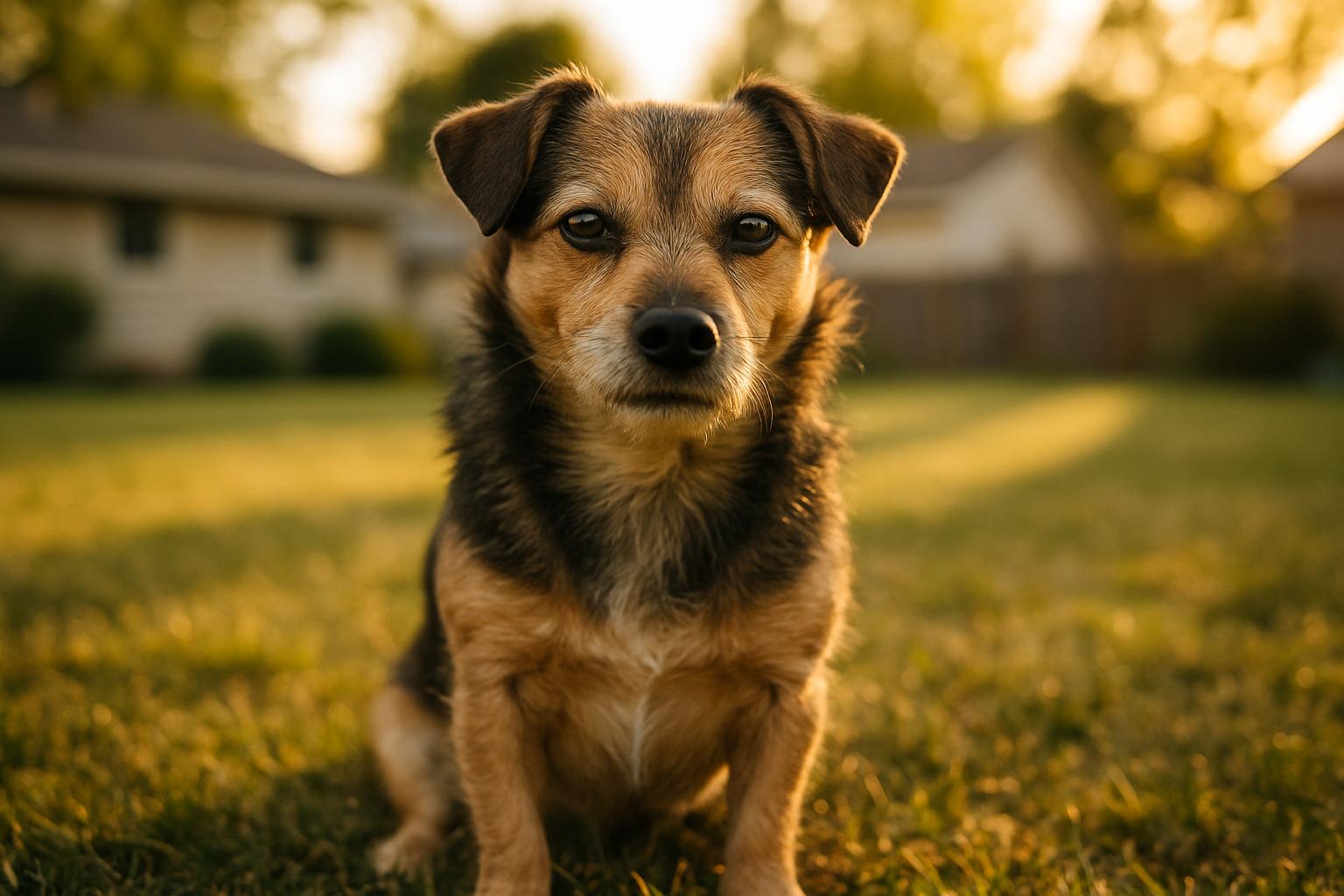 Small mixed-breed dog under 20 pounds sitting in a Midwestern backyard at golden hour