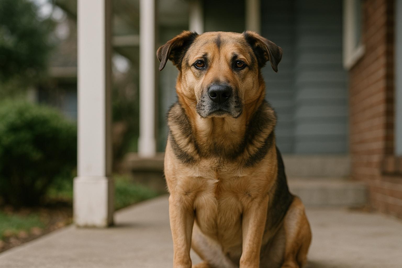 Adult mixed-breed companion dog sitting calmly on a front porch in soft overcast light