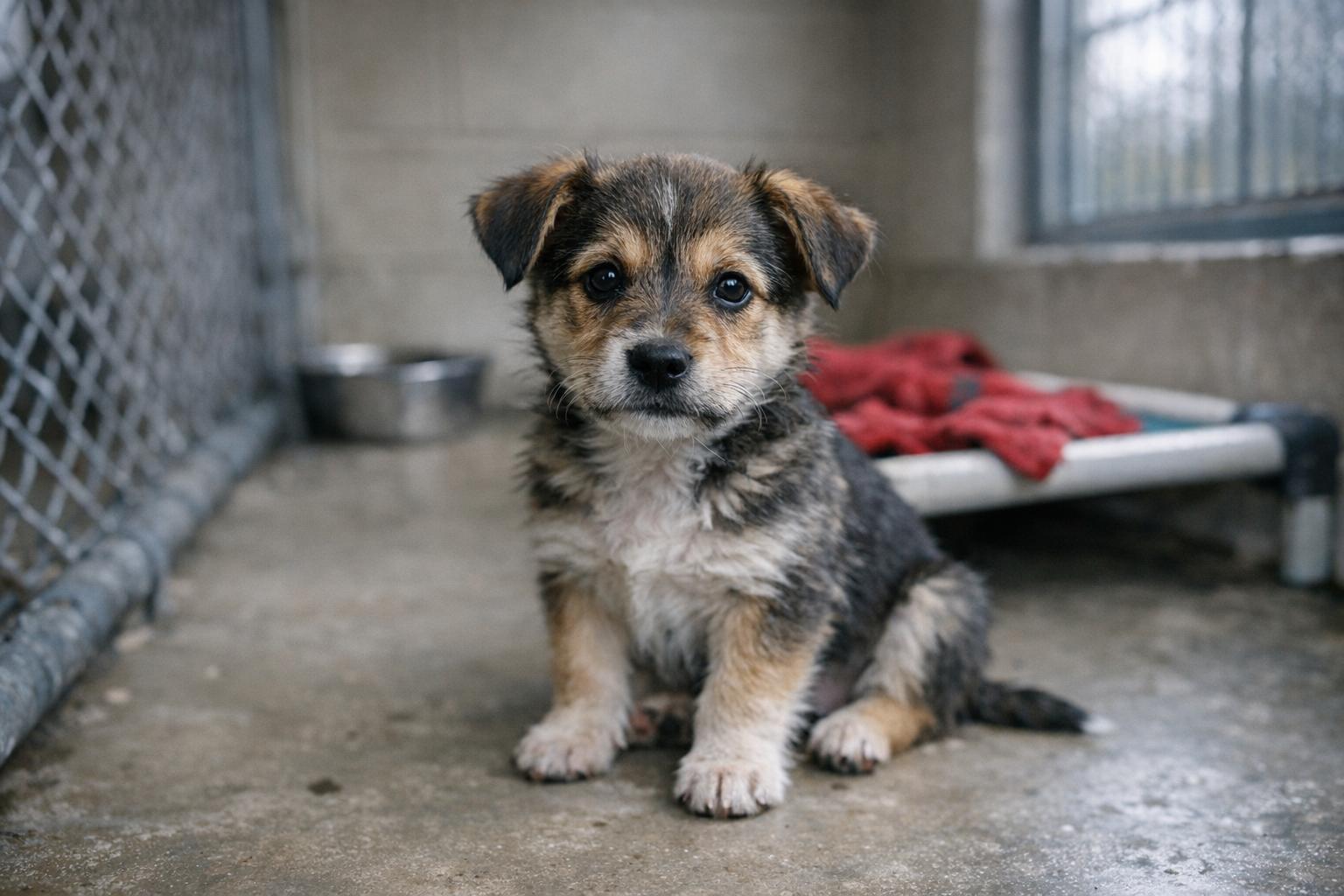 A small mixed-breed puppy sitting inside a shelter room at North Shore Animal League America's Port Washington campus, calm and alert.