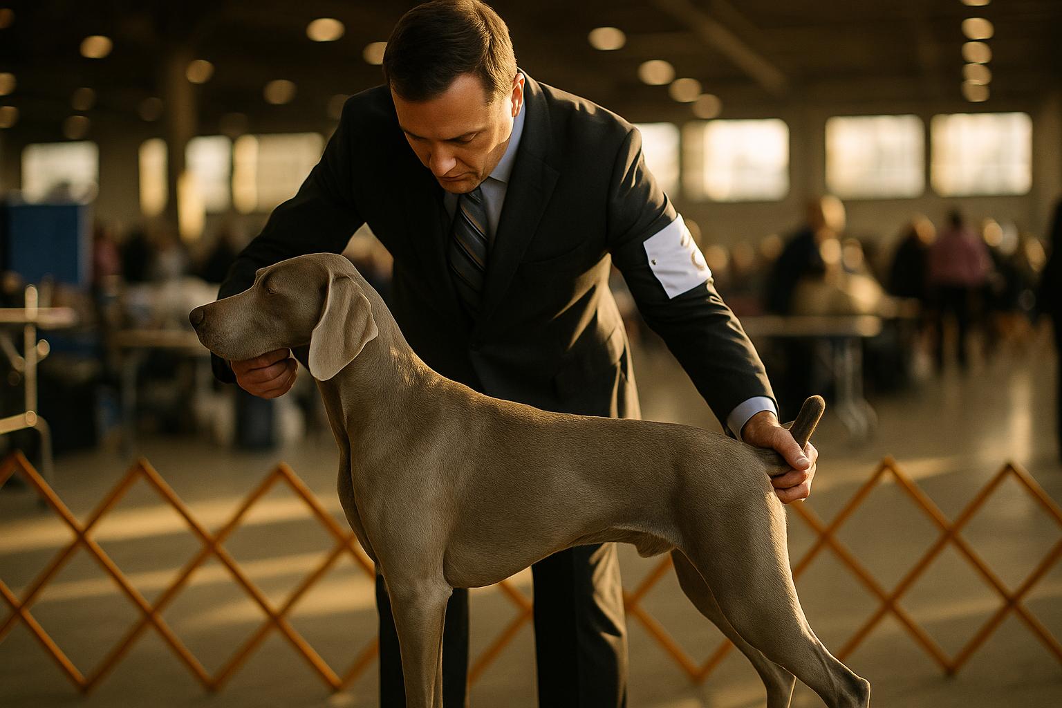 Handler positioning a well-groomed show dog in a ring at the Orange County Convention Center during the AKC National Championship