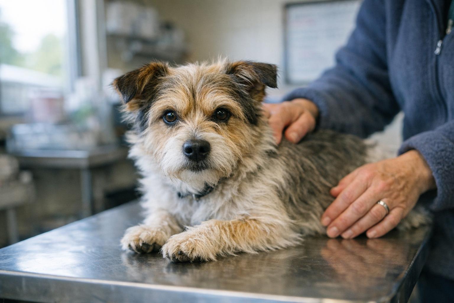 Small mixed-breed dog resting on an exam table at a shelter clinic with a caregiver's hand nearby