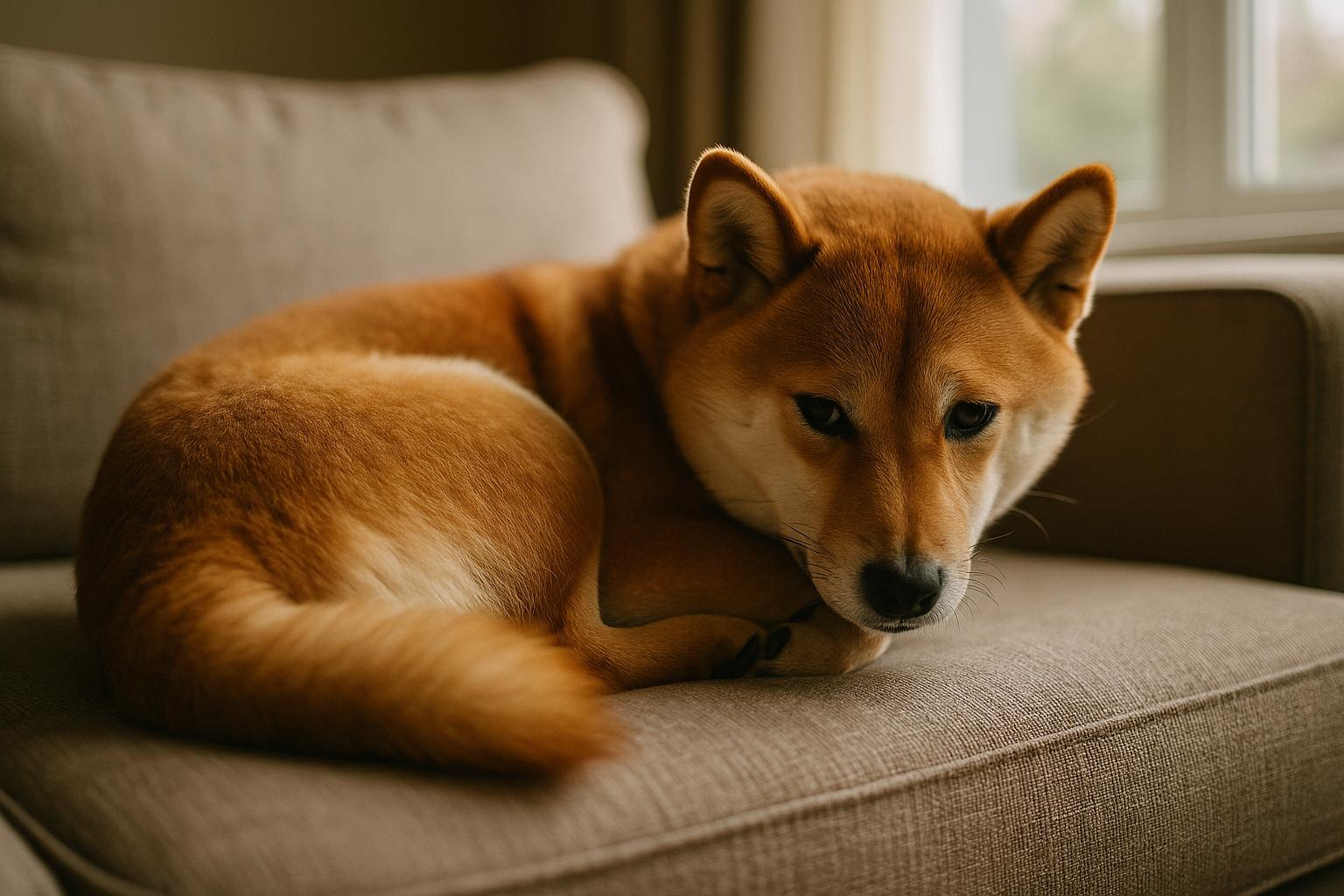 A bashful Shiba Inu curled on a couch, looking reserved but calm.