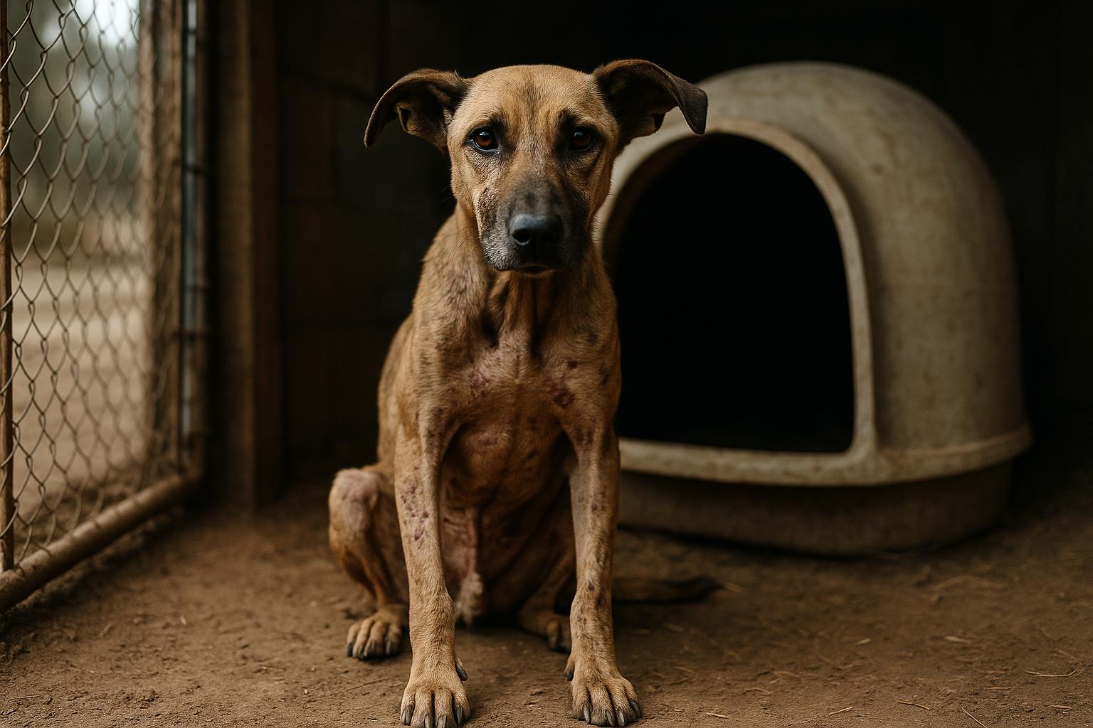 Mixed-breed adult dog with scars sitting in a pen next to a plastic barrel shelter, looking toward the camera