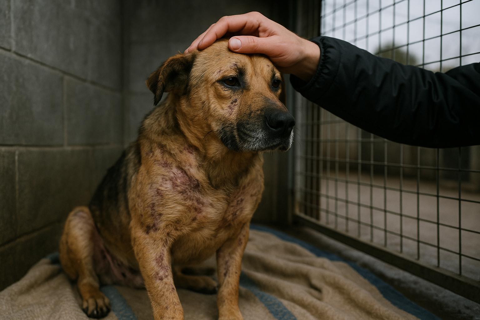 Medium-sized mixed-breed dog with healed scars sitting calmly on a blanket in a shelter kennel while a rescuer offers comfort.